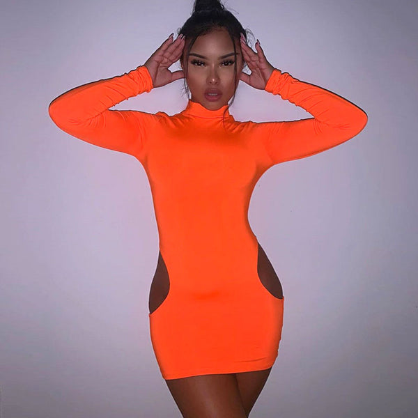 Neon Color Sexy Cut Out Design Long-sleeve Turtleneck Mini Dress