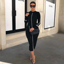 Women Long-sleeve Color Blocking Stripes Print Mock Neck Long-sleeve Midi Dress