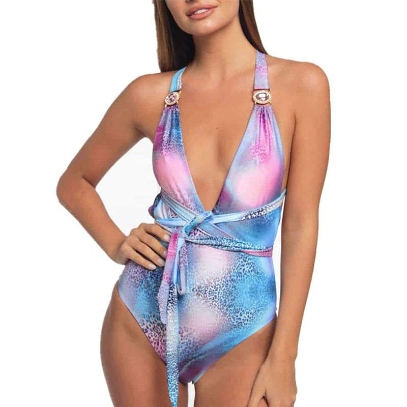 Gradient Color Leopard Print Back Crossing Strap One-piece Swimsuit