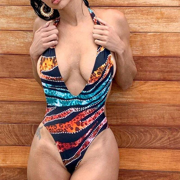 Sexy Multicolor Leopard Print Women Deep V Neck Halter Neck One-piece Swimwear