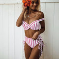 New Design Fresh Stripes Print Off-shoulder High-waisted Lace-up Two-piece Swimwear