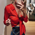 Hot Sale Solid Color Satin Long-sleeve Knitted Crop Top Blouse