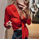 Hot Sale Solid Color Satin Long-sleeve Knitted Crop Top Blouse