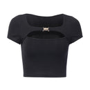 Women Edgy Cut-out Design Short-sleeve Metal Belted Tight Crop Top