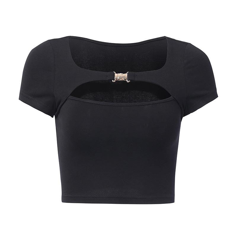 Women Edgy Cut-out Design Short-sleeve Metal Belted Tight Crop Top