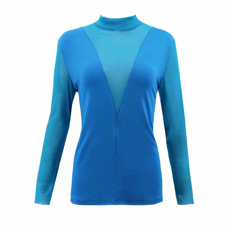 Women Unique Mesh Patchwork Long-sleeve Mock Neck Basic Blouse