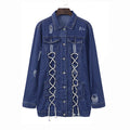 Creative Lace-up Design Young Women Casual Medium Length Denim Jacket