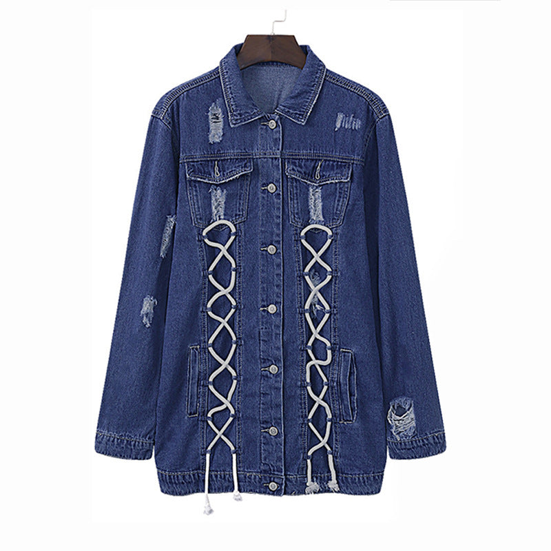 Creative Lace-up Design Young Women Casual Medium Length Denim Jacket