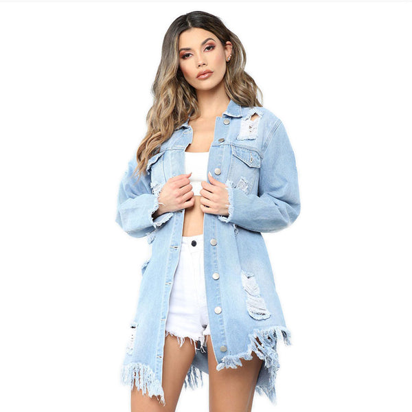 Casual Loose Pattern Backless Ripped Design Long Length Denim Coat