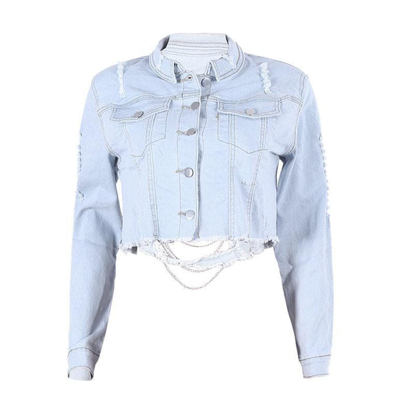 Women Hot Sale Backless Chain Decor Cropped Denim Jacket