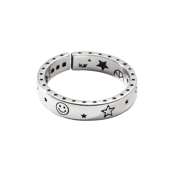 Fashion Simple Star Smiling Face Carved Design Adjustable Silver Ring