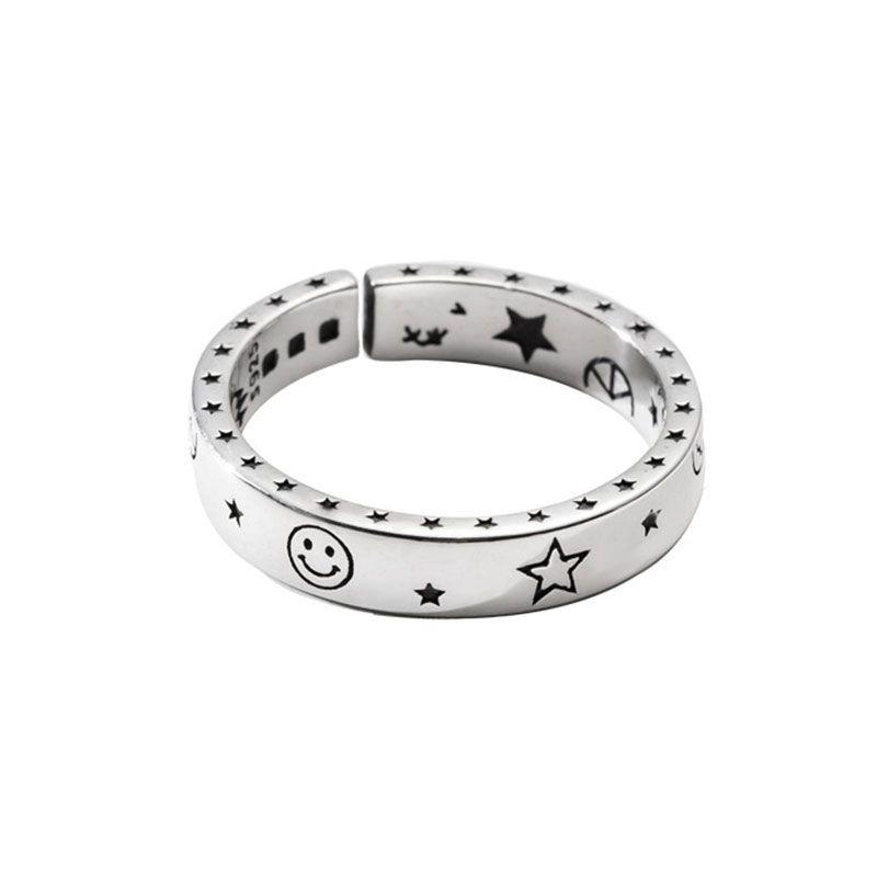 Fashion Simple Star Smiling Face Carved Design Adjustable Silver Ring