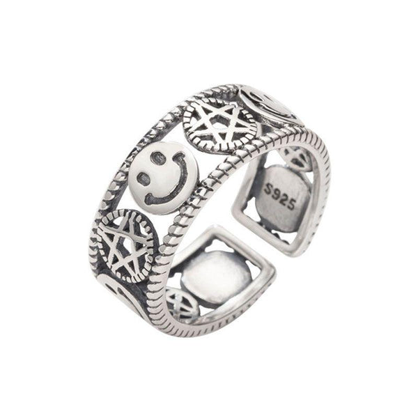 Hollow Smiling Face Star Design Women Vintage S925 Silver Ring