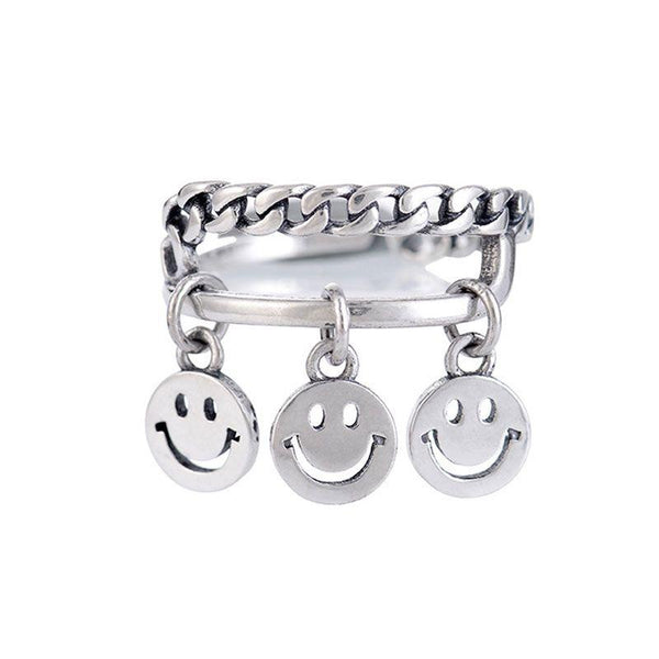 Creative Carving Smiling Face Design Women Vintage Sterling Silver Ring
