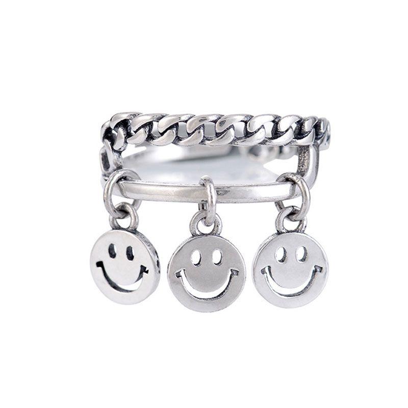 Creative Carving Smiling Face Design Women Vintage Sterling Silver Ring