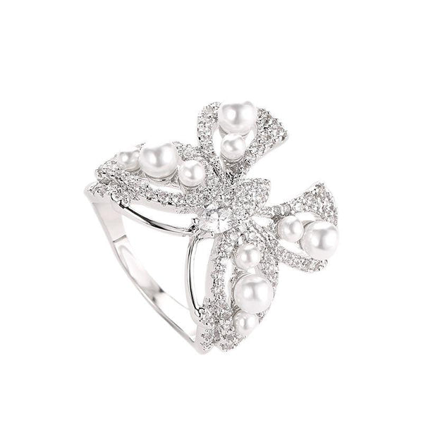Fashion Good Quality Zircon Pearl Decor Hollow Butterfly Brass Ring