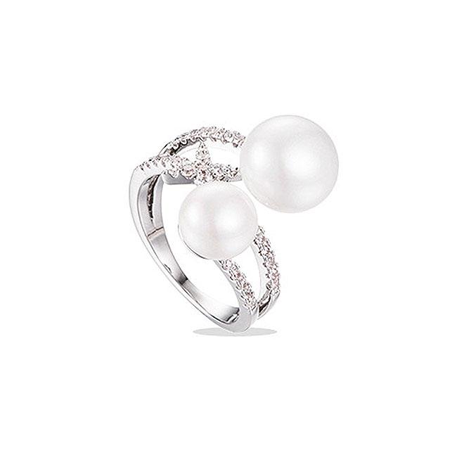 New Fashion Elegant Women Pearl Decor Double Lines Brass Zircon Ring