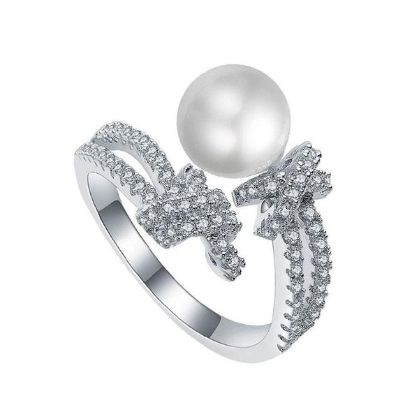Fashion Elegant Pearl Decor Shiny Zircon Multilayer Brass Ring