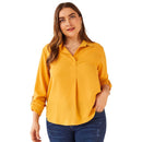 Casual Yellow Long-sleeve V Neck Lapel Collar Plus Size Pullover Blouse