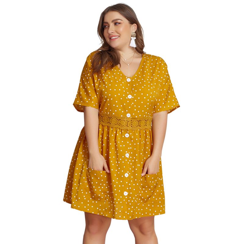 Casual Short-Sleeve Classic Polka Dot Print Buttoned Women Plus Size Dress