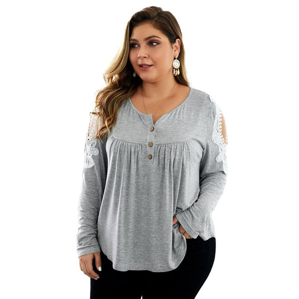 Creative Unique Hollow Lace Cool-shoulder Long-sleeve Buttoned Casual Plus Size Top