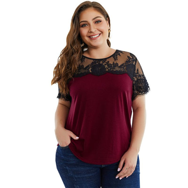 Creative Lace Patchwork Women Plus Size Short-sleeve Casual Tee