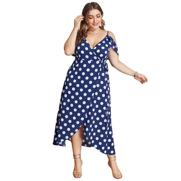 Women Plus Size Unique Off-shoulder Spaghetti Strap Irregular Hemline Polka Dot Dress