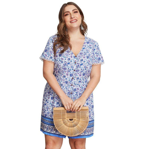 Women Plus Size Pastoral Style Tiny Flower Print Casual Short-sleeve Rompers