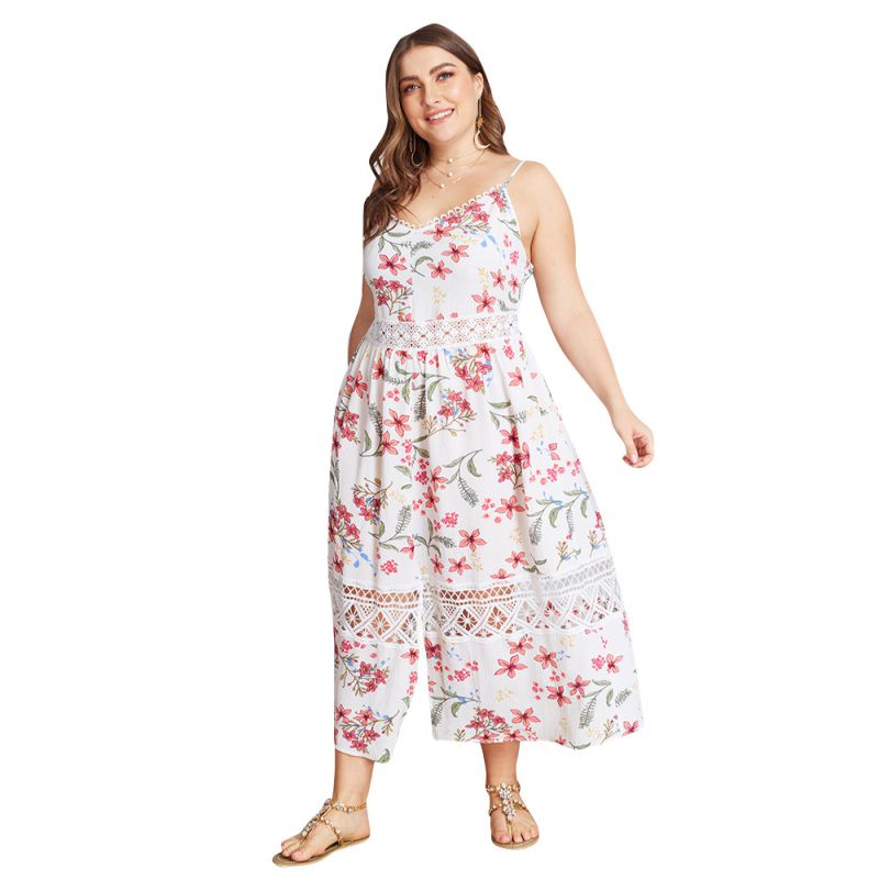 Fresh Style Tiny Flower Print Women Summer Casual Plus Size Jumpsuits