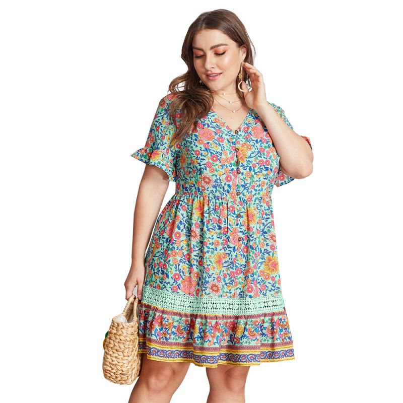 Creative Fresh Color Flower Print Frilled Short-sleeve V Neck Plus Size Dress