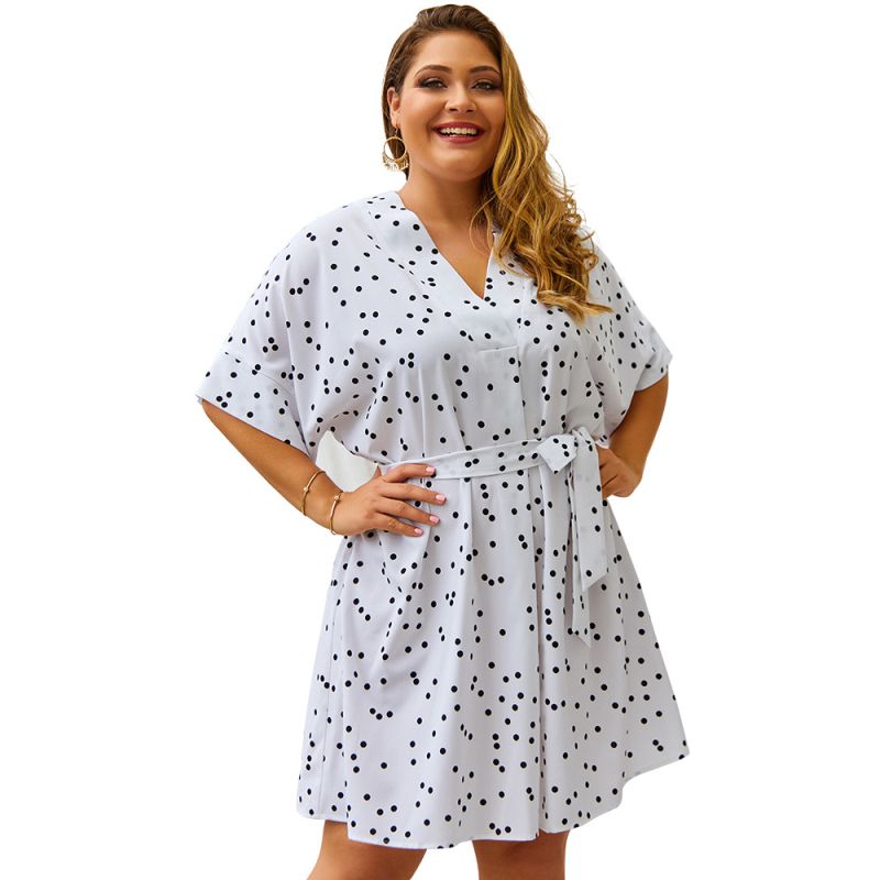 Hot Sale Casual Polka Dot Print V Neck Sash Design Plus Size Dress