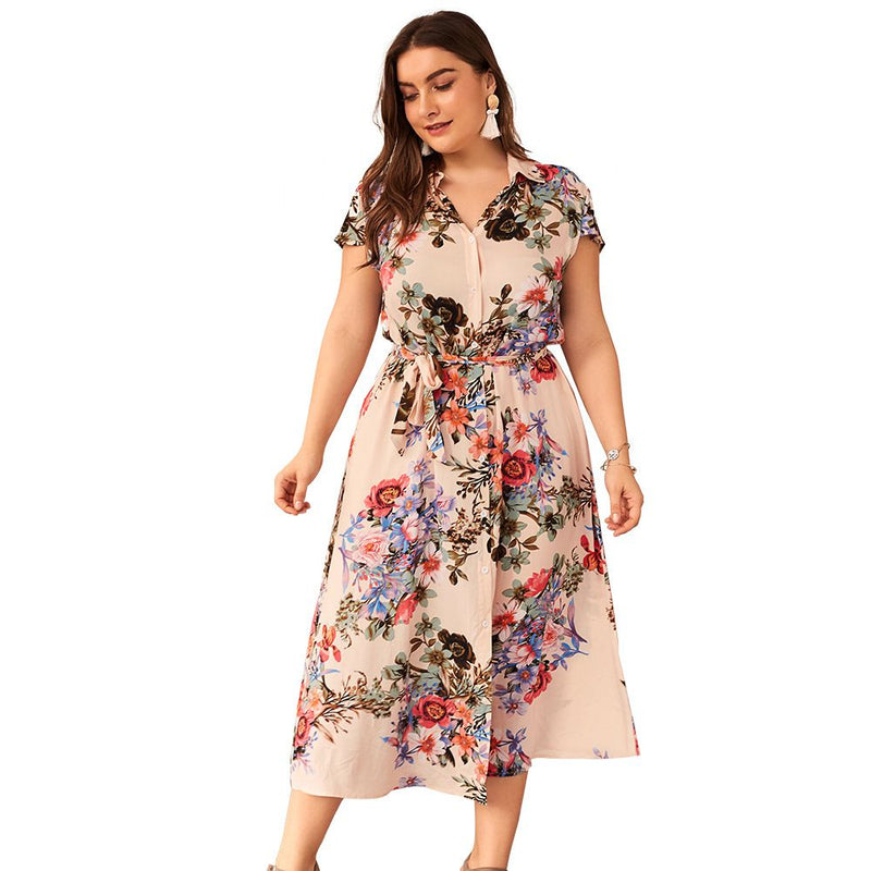 Fashion Floral Print Short-sleeve Elegant Women Midi Length Buttoned Plus Size Dress