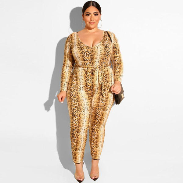 Plus Size Women Unique Snakeskin Print Long-sleeve U Neck Jumpsuits