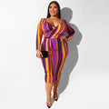 Bright Color Contrast Stripes Print Plus Size Long-sleeve Wrap Dress