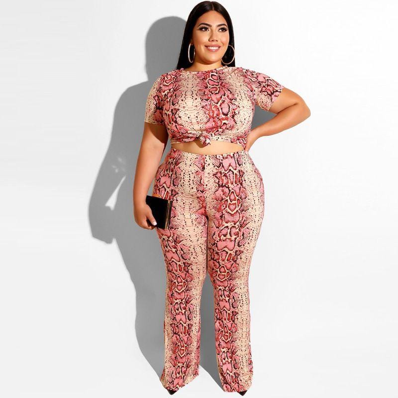 Plus Size Fashion Snakeskin Print Short Sleeve Tee Casual Pants Two-piece Set