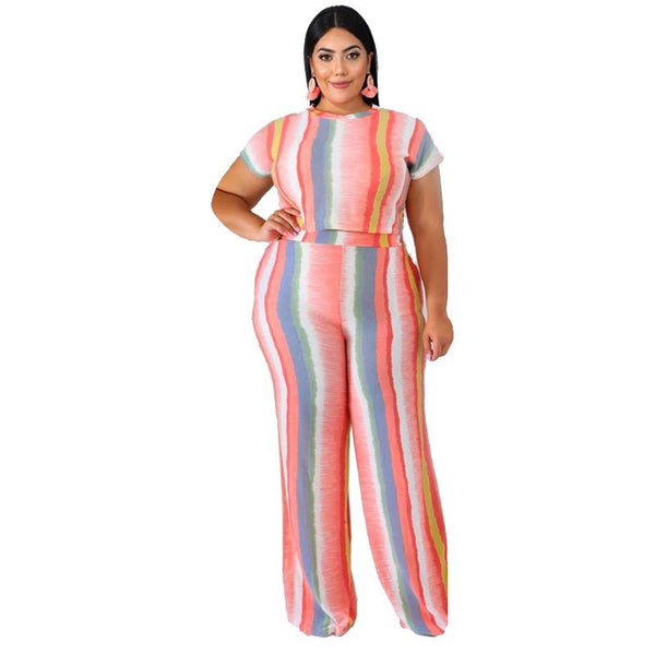 Hot Sale Color Blocking Stripes Pattern Short Sleeve Plus Size Two-piece Set