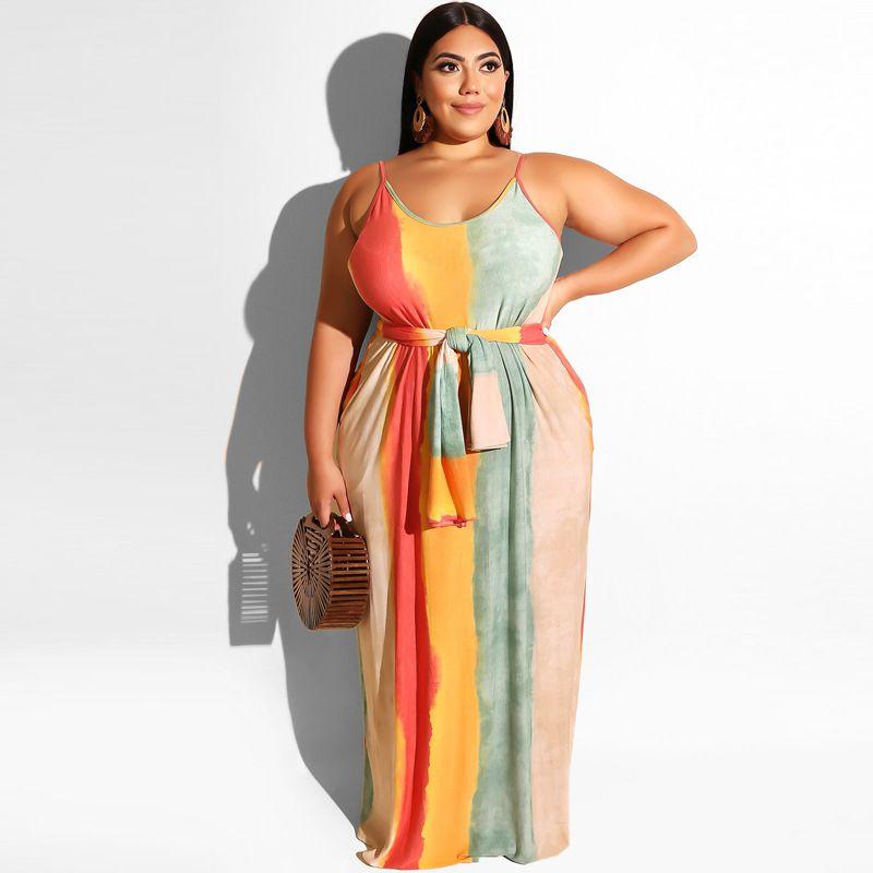 Plus Size Loose Pattern Bright Color Stripes Print Maxi Slip Dress