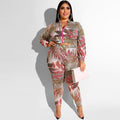 Hot Sale Women Leaf Print Long-sleeve Zipper Pattern Cropped Plus Size Two-piece Set