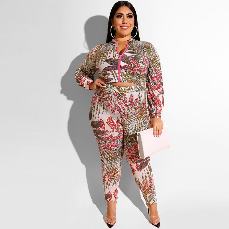 Hot Sale Women Leaf Print Long-sleeve Zipper Pattern Cropped Plus Size Two-piece Set