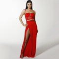 Elegant Women Red Color Mesh Patchwork Cropped Camis Side-slit Pants Set