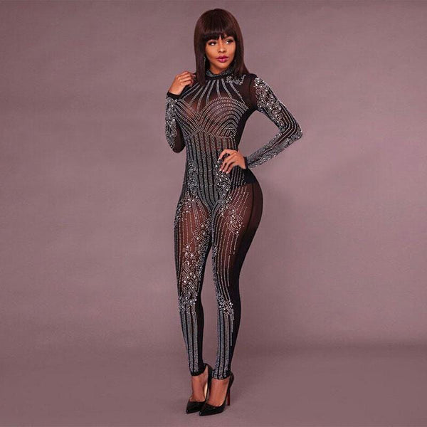 Sexy See-through Pattern Rhinestone Fixed Mesh Fabric Long-sleeve Jumpsuits