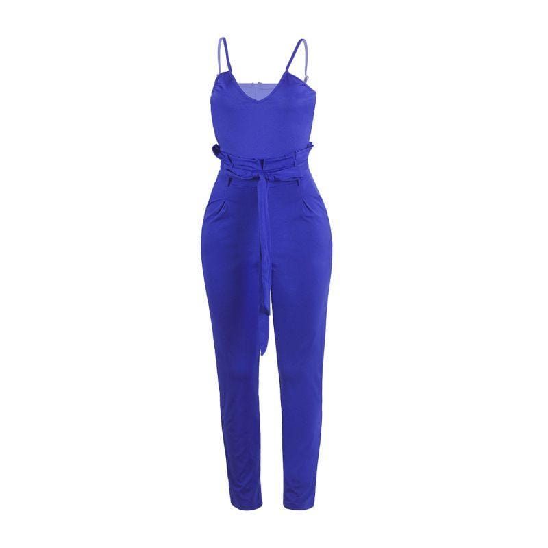 Women Casual Solid Color Unique Frilled Waistline Belted Slip Jumpsuits