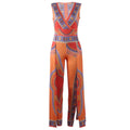 Bright Color Ethnic Print Women Sleeveless V Neck Casual Jumpsuits
