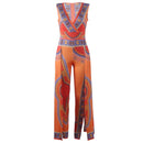Bright Color Ethnic Print Women Sleeveless V Neck Casual Jumpsuits