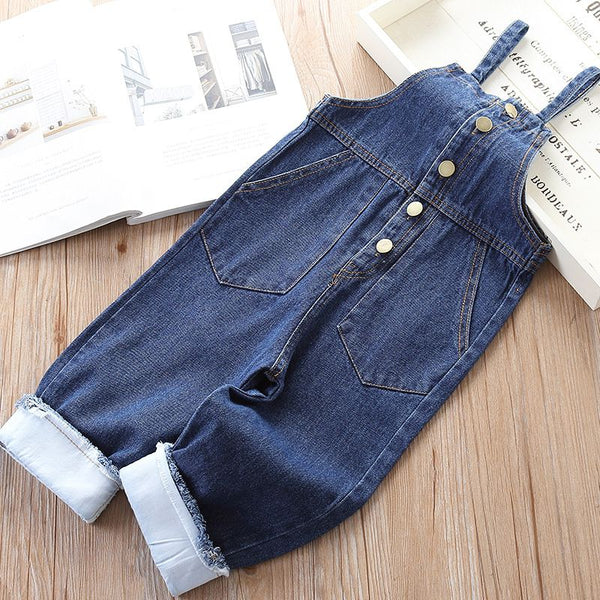 Casual Kids Button Design Plain Denim Overalls