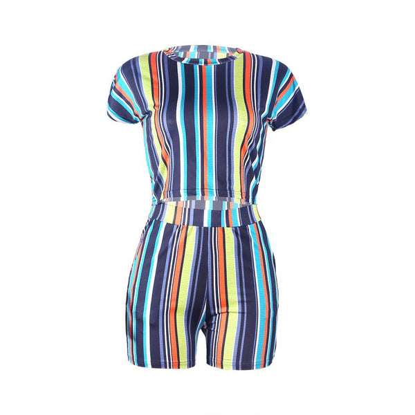 Fashion Multicolor Stripes Print Short-sleeve Tee Casual Shorts Set