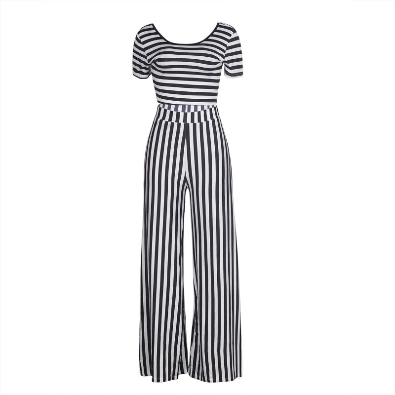 Classic Stripes Pattern Women Scoop Neck Tee Wide-leg Pants Two-piece Set