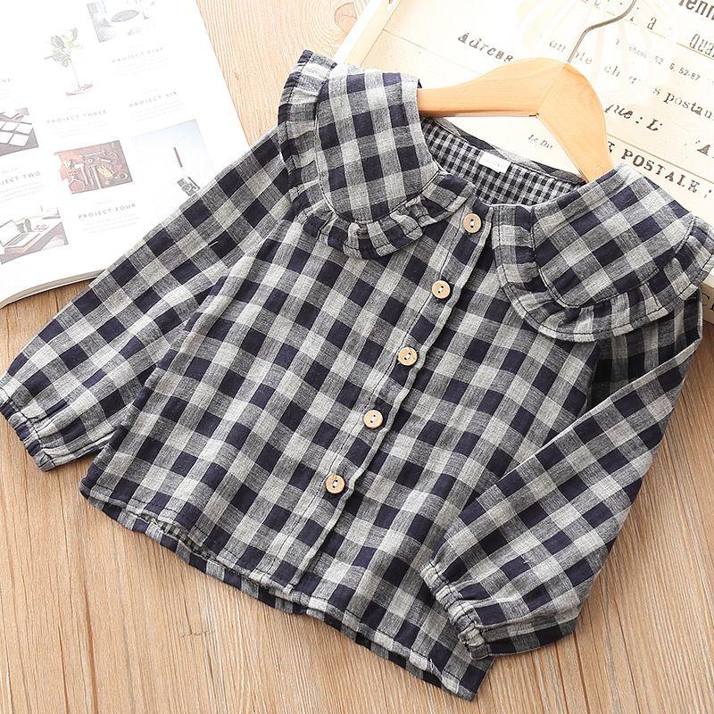 Fashion Girls Plaid Print Long Sleeves Peter Pan Collar Button Blouse