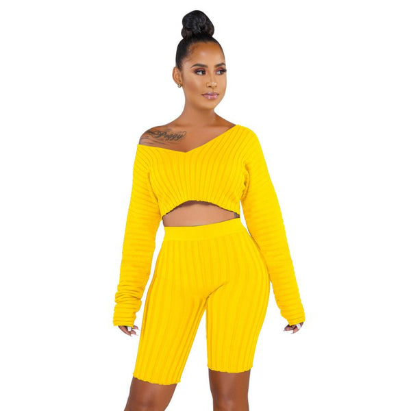 Hot Sale Plain Rib-knit Pattern Off-shoulder Long-sleeve Medium Length Shorts Set