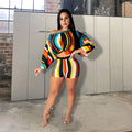 Multicolor Stripes Print Off-shoulder Puff Sleeve Women Cropped Top Tight Shorts Set